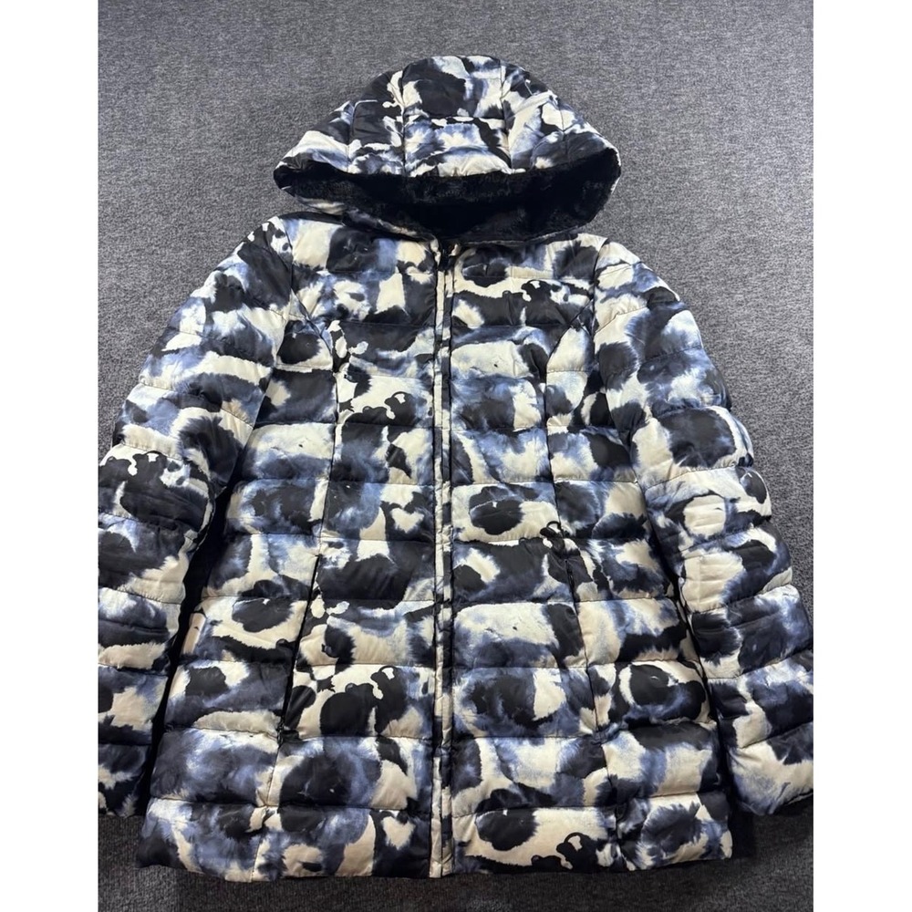 Vera Wang Womens Blue White Abstract Print Down Puffer Jacket Faux Fur Hood S
